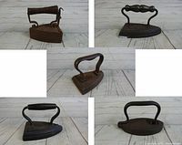 Collage of all 5 vintage cast sad flat irons showing different handle styles and body shapes, highlighting rust and wear.