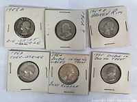 Front side of 6 Washington Quarter coins with handwritten year notes and details like die shift, broken rim, over-strike, and double in God We Trust.