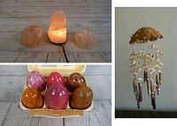 Photo showing 3 pink salt items (lamp and 2 candle holders), 6 assorted Easter eggs in a container, and the sea shell wicker wind chime.