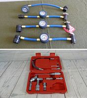 Lot contents showing four manifold gauge hose assemblies and an automotive tool set in a red carrying case with adapters inside.