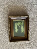 Top-down photo of the framed picture showing the image of two white squirrels on a dark green background with ornate gold and brown frame