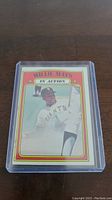 Front of 1972 Topps Willie Mays baseball card in protective plastic case showing player in action batting pose with Giants uniform.