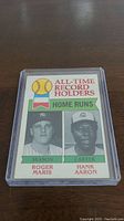 Front of 1979 Topps baseball card with Roger Maris and Hank Aaron photos and text showing all-time home run record holders