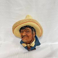 Front view of vintage Bosson chalkware wall head sculpture named Pancho, featuring detailed facial expression and textured sombrero.