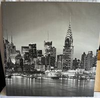Front view of the black and white canvas print of New York City skyline showing key buildings and rhinestone embellishments.