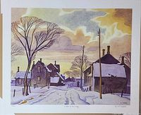 Front view of the lithograph print showing winter village scene with bare trees, snow, and houses under a colorful sky.