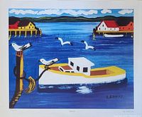 Front view of the lithograph featuring the harbor scene with boats and seagulls, showing signature and numbering.