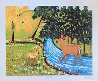 Full view of the lithograph print depicting two deer by a stream with colorful flowers and trees in the folk art style of Maud Lewis.