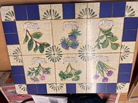 Top view of one placemat showing blue and cream herb pattern tiles with labeled herbs such as basil, rosemary, mint, parsley, coriander, and chives.