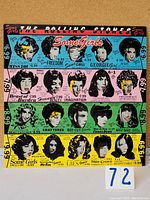 Front cover artwork of Some Girls album by The Rolling Stones showing colorful stylized illustrated women's faces with hair styles and prices