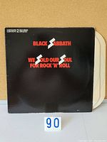 Front view of Black Sabbath 'We Sold Our Soul for Rock 'n' Roll' album cover, black background with red and white text