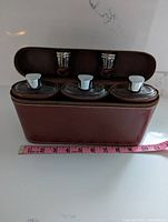 Leather-covered glass flasks with metal caps inside zippered leather case, with measuring tape for size reference