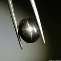 Black oval cabochon star diopside gemstone held by tweezers showing star effect under light.