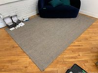 Full view of the rectangular gray textured woven sisal rug in a room with wooden floor, showing size and overall condition.