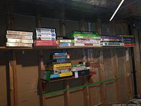 Shelf with several jigsaw puzzles and board games including World Scenes puzzles, multiple Splendor game boxes, Trivial Pursuit, and 4000 AD puzzle.