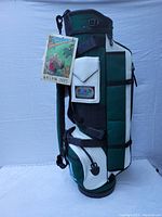 Front side view of green and white Belding Sports golf bag with original paper hang tag attached