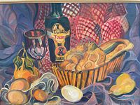 Close-up of the Marilyn Bauman still life painting showing detailed brushwork and vibrant colors with bread basket, bottle, glass, and fruits.