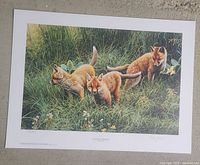 Full view of the limited edition print showing three fox cubs in a grassy field.