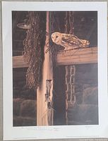 Full view of barn owl print showing detailed barn setting with ropes and chains and barn owl perched on wooden beam