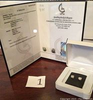 Photo of appraisal certificate and earrings in white box, showing the certificate details and earrings.