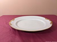 Oval white Limoges serving platter angled showing gold trim and decorative accents on sides with minor wear.