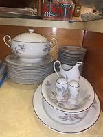 View showing covered tureen, stacks of plates, creamer, salt and pepper shakers, and large bowl all with gray and pink floral design.