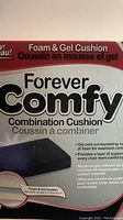 Photo of the packaging showing the Forever Comfy Foam & Gel Cushion with product details and claims about gel core and foam layers for comfort.