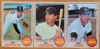 Three baseball cards from 1968 Topps featuring Mel Stottlemyre (#120), Joe Pepitone (#195), and Tom Tresh (#69) as pitchers and outfielders for the New York Yankees.