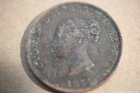 Close-up of the obverse side of the 1854 New Brunswick half penny coin showing Queen Victoria profile and inscribed text.