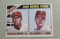Front of 1966 Topps Phillies Rookie Stars card showing player portraits of Ferguson Jenkins and Bill Sorrell with team and card number.