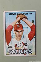 Front side of 1967 Topps Steve Carlton baseball card showing player portrait and name