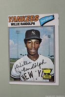 Front of 1977 Topps Willie Randolph rookie baseball card showing player portrait, team (Yankees), and card elements.