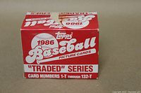 Front view of original red and white box with '1986 Topps Baseball Picture Cards' and 'Traded Series' text visible.