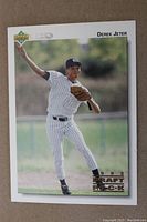 Front of the 1992 Upper Deck Derek Jeter Draft Pick rookie baseball card showing player image and card details.