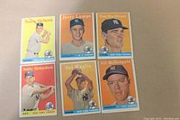 Six different 1958 Topps New York Yankees baseball cards showing front of cards with player images and names.