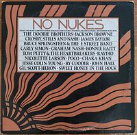Front cover of No Nukes live concert triple vinyl album featuring artists' names in white text box on black and brown background