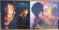 Two Prince vinyl maxi-single albums posed side by side. Covers show Prince's image and song titles from 1983 and 1987 releases.