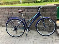 Full side view of the Schwinn bicycle showing frame, wheels, saddle, handlebars and rear rack