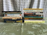 Photo showing two stacks of various travel and nature books focused on U.S. locations including National Parks and Grand Canyon.