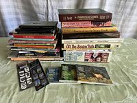 Photo of stacked books showing various titles in children's literature, art, home decorating, and Christmas stories.