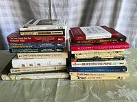 Photo showing all 15 books stacked in two piles on a table.