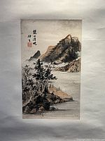 Full view of the vintage Chinese hand painted scroll showing mountain and river scene with signature and seal stamp