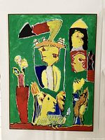 Full front view of the painting showing entire composition with green background and wood frame