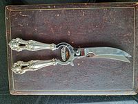 Sterling handled poultry shears closed on a leather textured surface, showing detailed handle design and curved blade shape.