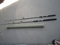 Two spinning fishing rods laid out alongside a green hard case.