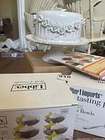 'Chantilly' cake platter with floral relief on pedestal stand, two dessert books, and boxed Libbey and Pier 1 tasting bowls