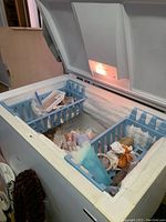 Interior of the chest freezer showing two blue storage baskets and frost build up. Contents inside the baskets are not included.