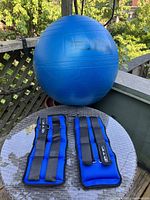 Blue exercise ball on a round table with two blue and black ankle weights in front, taken outdoors showing natural light and foliage background.