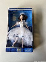 Front view of the brand new Swan Ballerina Barbie doll in original packaging with worn box.