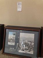 Framed artwork with Civil War commemorative stamp, signed and numbered detailed battle scene art print, wood frame with dark finish and gray matting